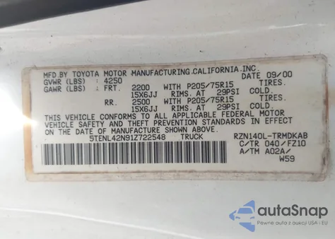 2001 Toyota Tacoma из США, поврежденный, VIN 5TENL42N91Z722548